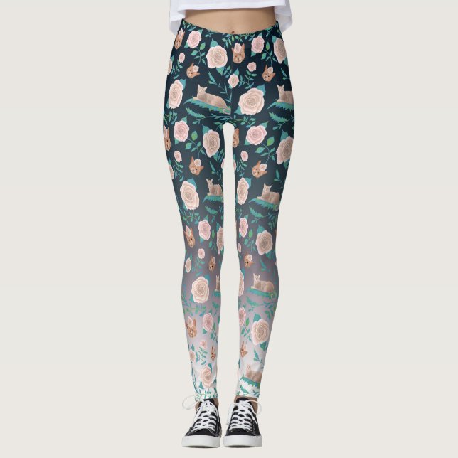 Roses and cats on a metallic backdrop leggings (Front)