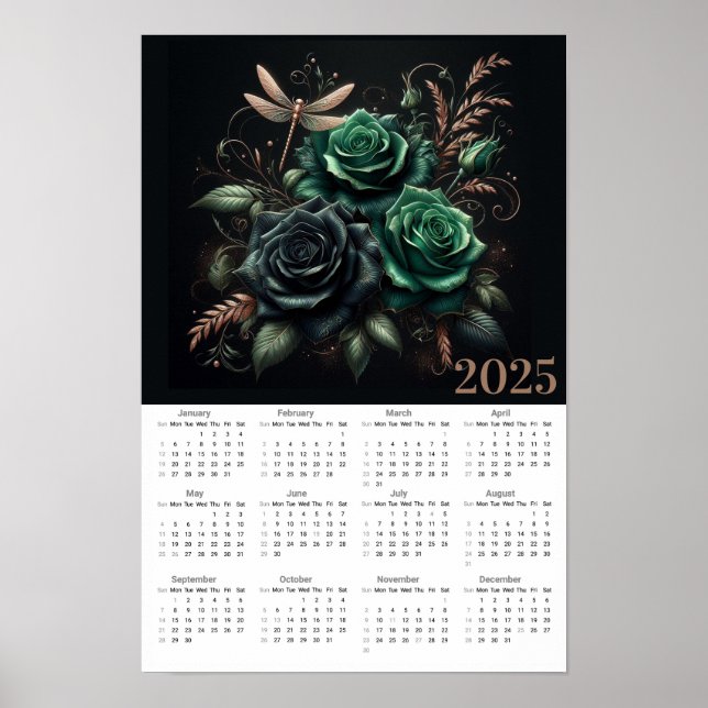 Roses and Dragonfly 2025 Calendar Poster (Front)