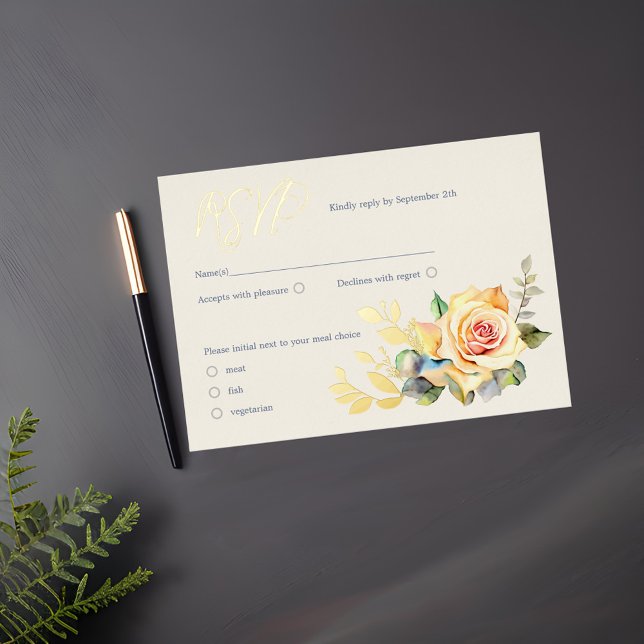 Roses and Eucalyptus Watercolor RSVP Foil Holiday Card (Creator Uploaded)