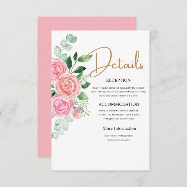 Roses and Eucalyptus Wedding Details Card  (Front/Back)