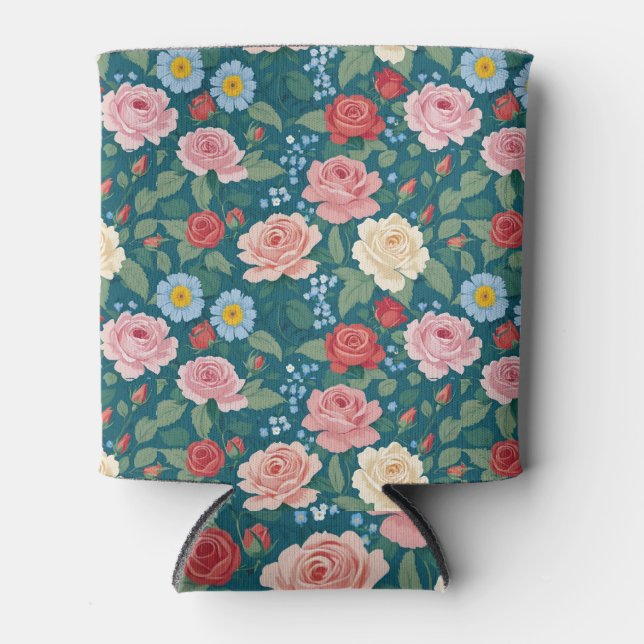 Roses and Forget-Me-Nots Teal Can Cooler (Front)