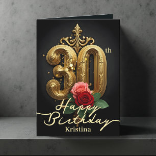 Roses and Gold Baroque Flourishes 30th Birthday Card