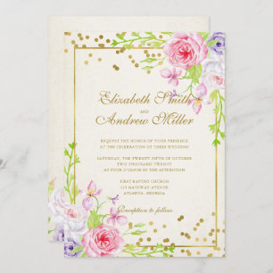 Roses and Gold Confetti Floral Wedding Invitation