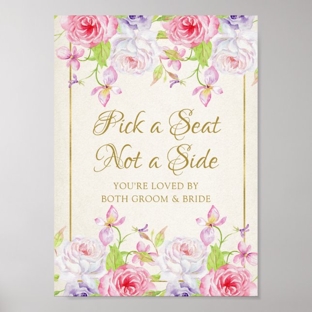 Roses and Gold Confetti Pick a Seat Sign (Front)