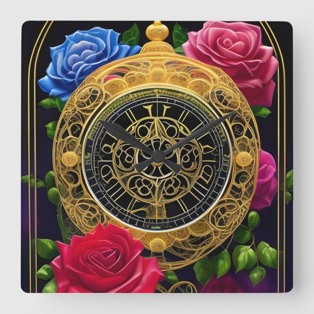 Roses and Gold Filigree Square Wall Clock (Front)