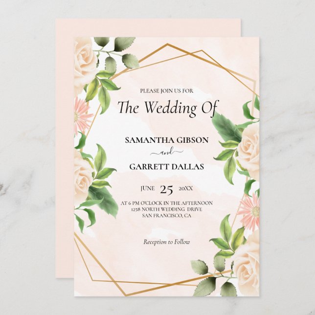 Roses And Golden Frame Wedding Invitation (Front/Back)