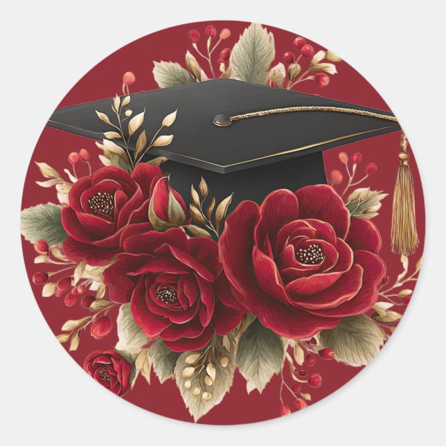 Roses and Graduation Cap Design Classic Round Sticker (Front)