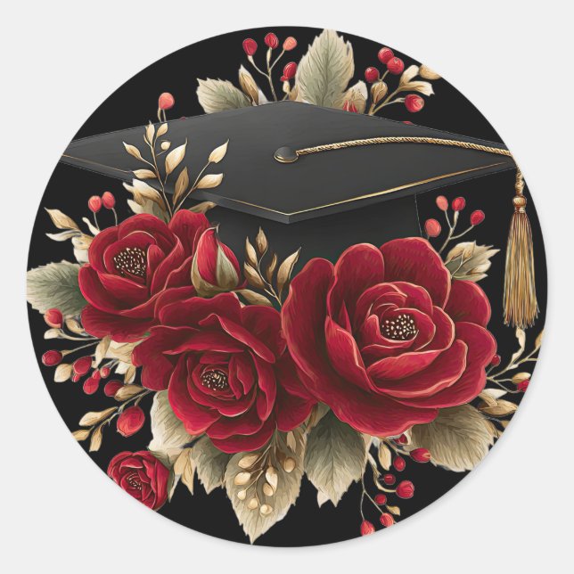 Roses and Graduation Cap Design Classic Round Sticker (Front)