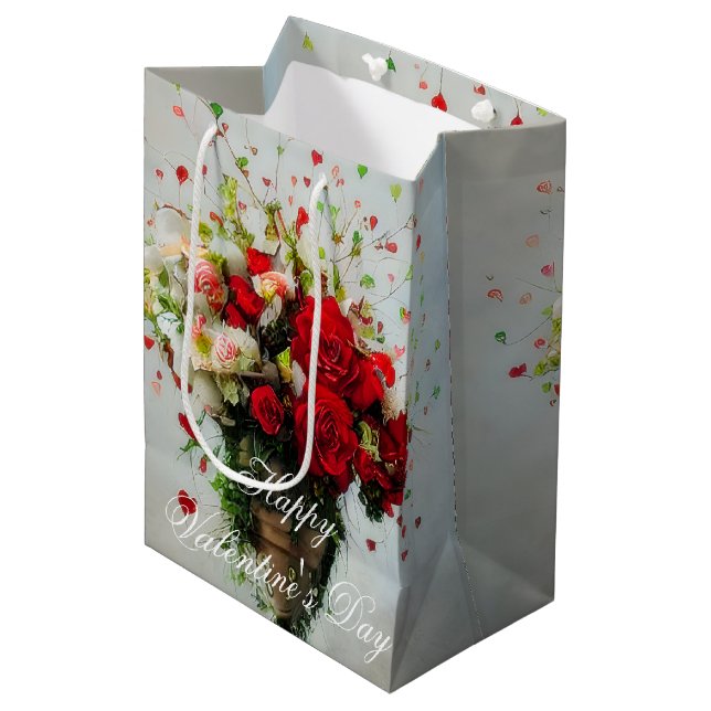 Roses and hearts bouquet valentine  medium gift bag (Front Angled)