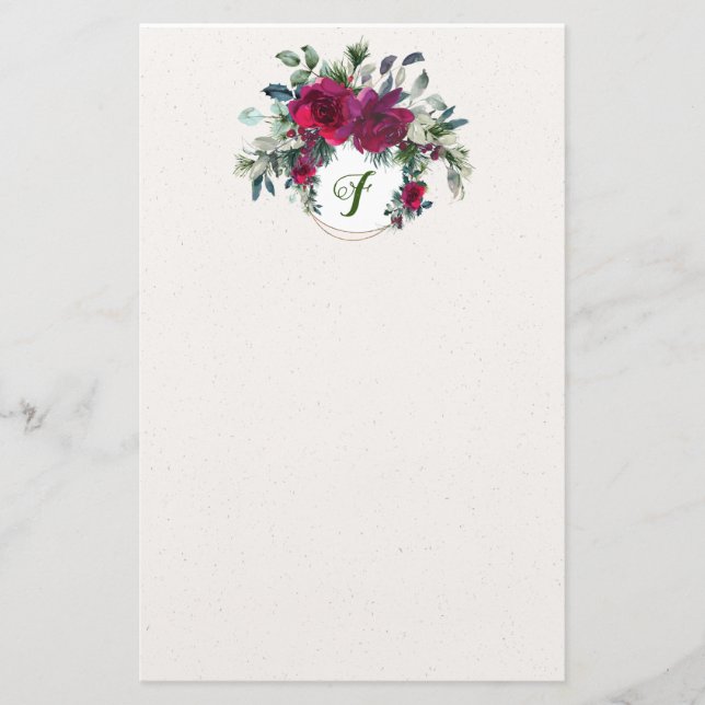 Roses and Holly Elegant Holiday Stationery (Front)