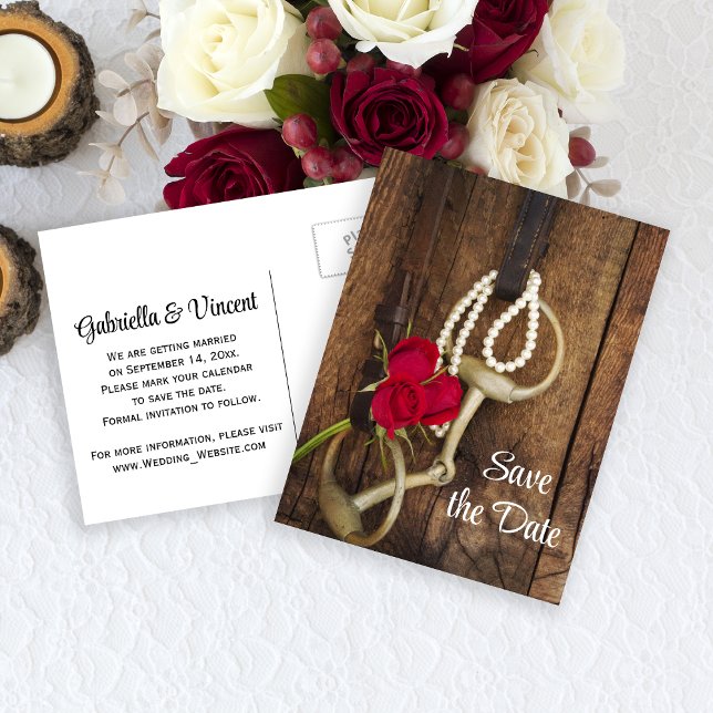 Roses and Horse Bit Country Wedding Save the Date Announcement Postcard (Creator Uploaded)