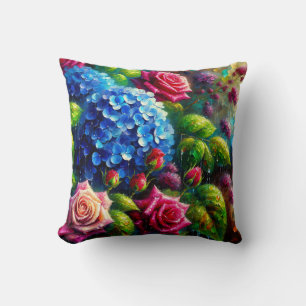 “Roses and Hydrangeas in Rain- Vibrant Floral Art" Cushion