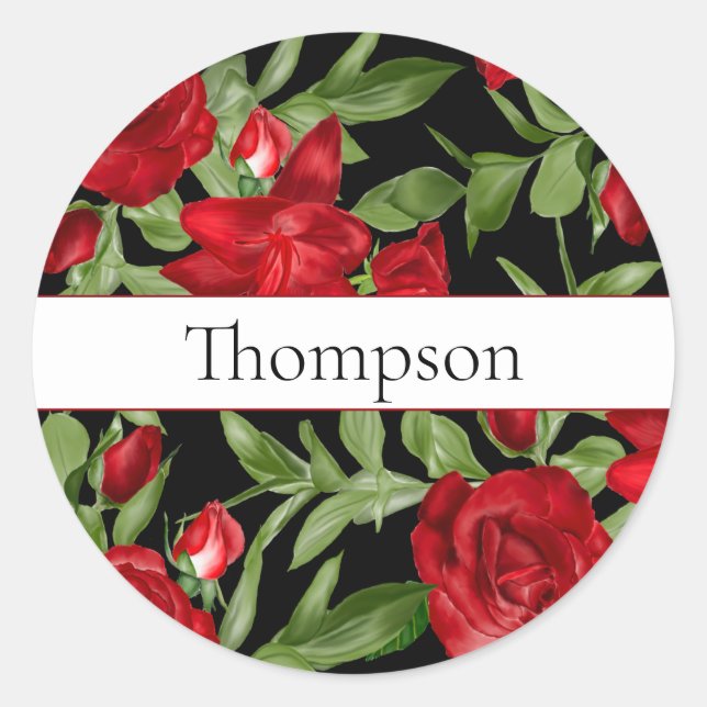 Roses and Lily Floral Red and Black Classic Round Sticker (Front)