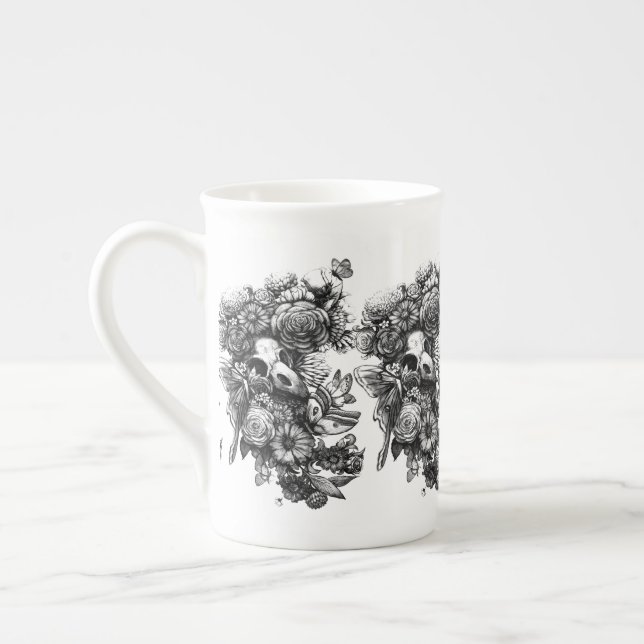 Roses and Moths - Black Bone China Mug (Left)