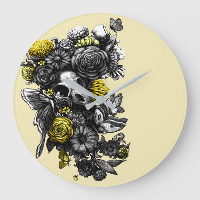 Roses and Moths - Black & Yellow Large Clock (Front)