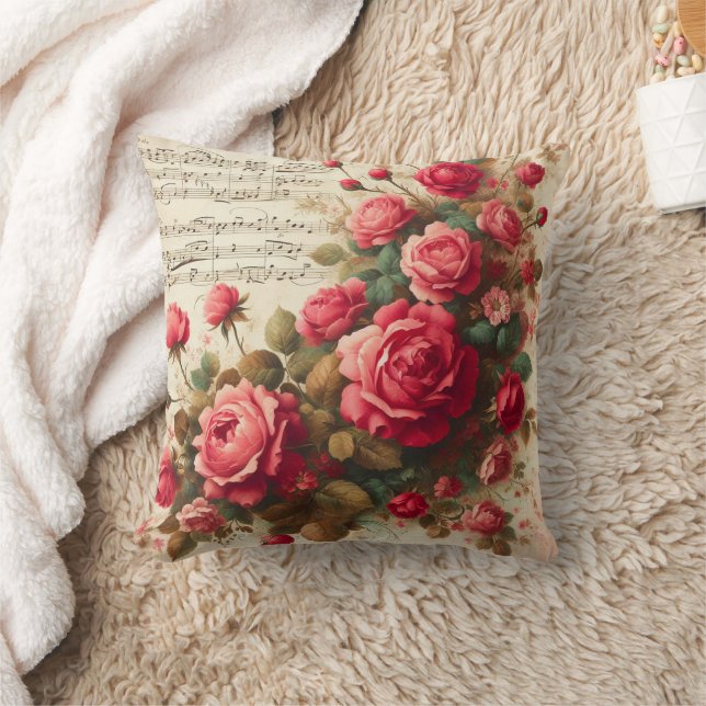 Roses and Music Notes Throw Pillow,  Cushion (Blanket)