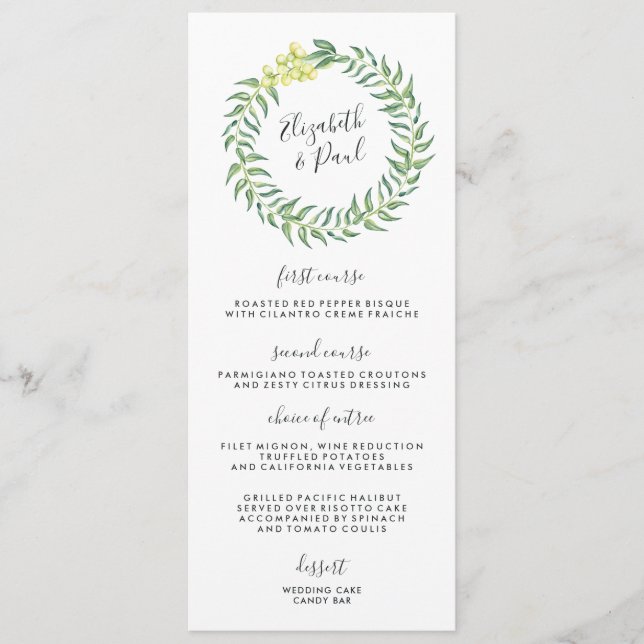Roses and Olives Wedding Menu Card (Front)