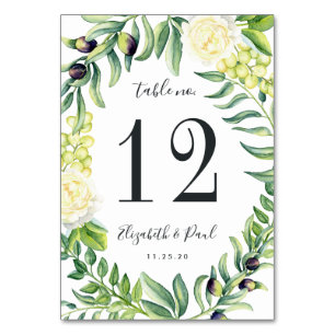 Roses and Olives Wedding Table Number