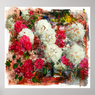 Roses and peonies and roses, mixed media and abstr poster