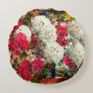 Roses and peonies and roses, mixed media and abstr round cushion
