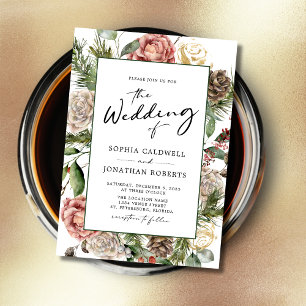Roses and Pine Calligraphy Floral Winter Wedding Invitation
