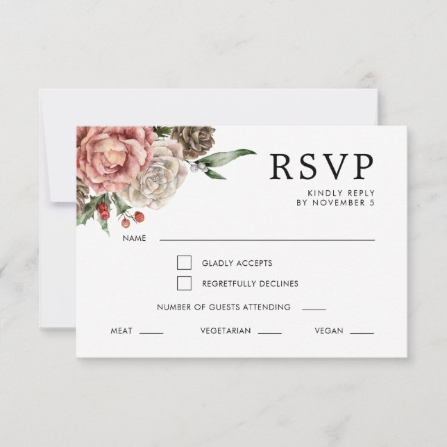 Roses and Pine Calligraphy Floral Winter Wedding RSVP Card (Front)