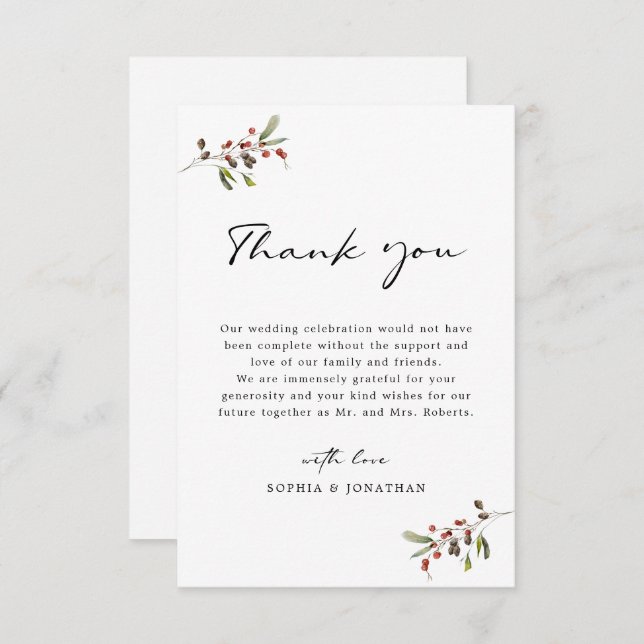 Roses and Pine Modern Calligraphy Simple Wedding Thank You Card (Front/Back)