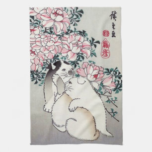 Roses and Puppies, Hiroshige, Ukiyo-e Tea Towel