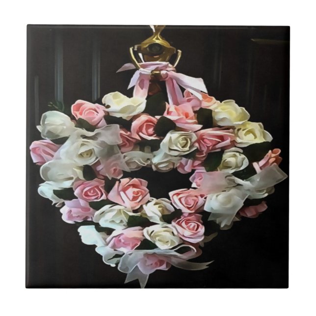 Roses and Ribbons Decorative Wreath Ceramic Tile (Front)