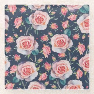 Roses and Rosebuds: Floral Seamless. Glass Coaster