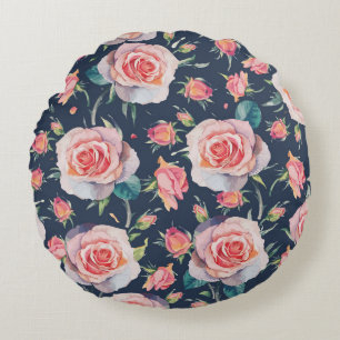 Roses and Rosebuds: Floral Seamless. Round Cushion
