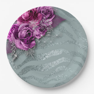 Roses and Silver Glittery Zebra Stripes Paper Plate