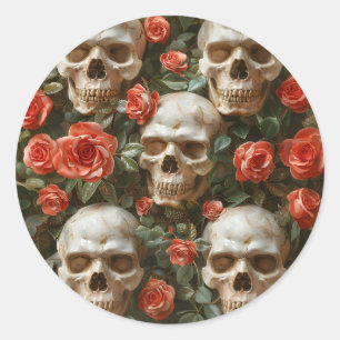 Roses and skulls design classic round sticker