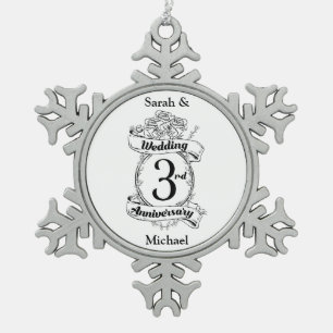 Roses and Vines Romantic 3rd Wedding Anniversary Snowflake Pewter Christmas Ornament