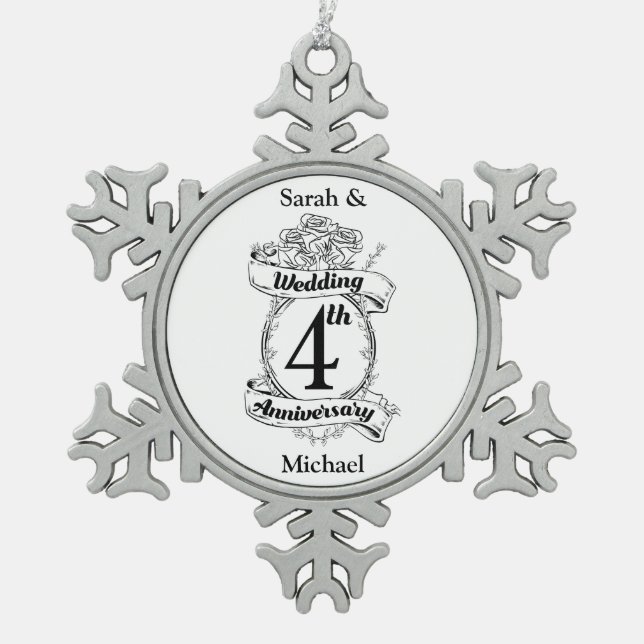 Roses and Vines Romantic 4th Wedding Anniversary Snowflake Pewter Christmas Ornament (Front)