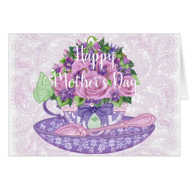 Roses and Violets Teacup Card (Front Horizontal)