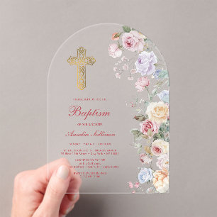 Roses Arch Baptism Acrylic Invitations