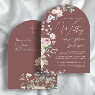 Roses Arch on Burgundy Catholic Wedding Invitation