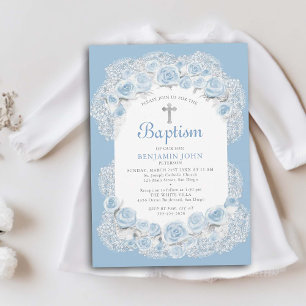 Roses Baby Breath Blue White Elegant Boy Baptism Invitation