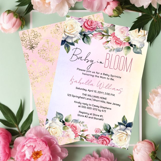 Roses Baby in Bloom Floral Baby Sprinkle Invitation (Pink Roses Baby in Bloom Girl Baby Sprinkle Invitation)