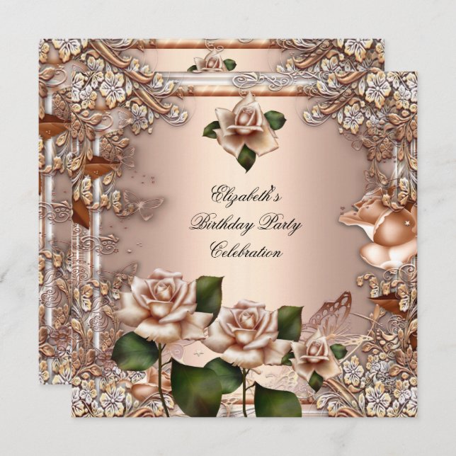 Roses Beige Cream Gold Elegant Birthday Party Invitation (Front/Back)