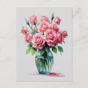 Roses Blooming Bouquet Vase Flowers Drawing Art Postcard