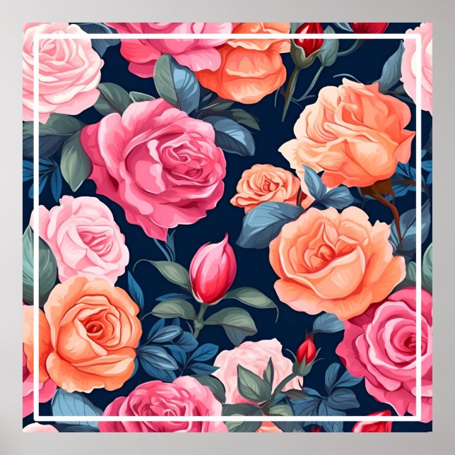 Roses Blooming Flowers Pattern-80037  Poster (Front)