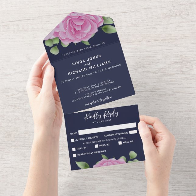 Roses Blue All in One Wedding Invitation (Tearaway)
