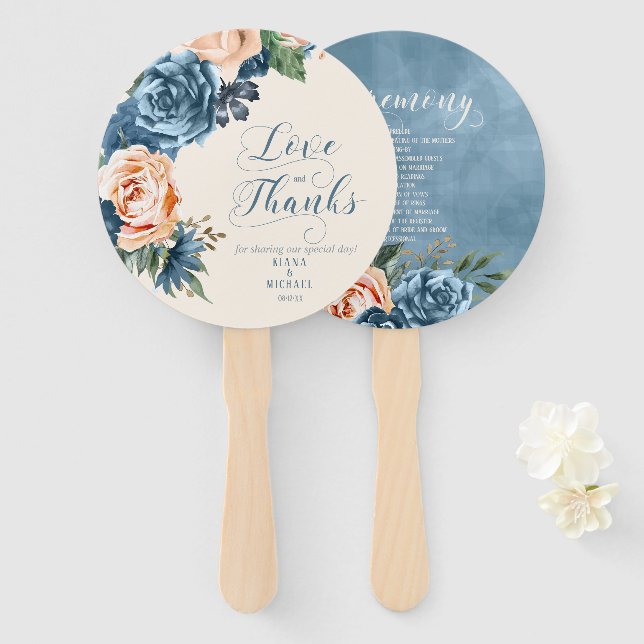 Roses Blue/Peach  Wedding Ceremony ID584 Hand Fan (Front and Back)