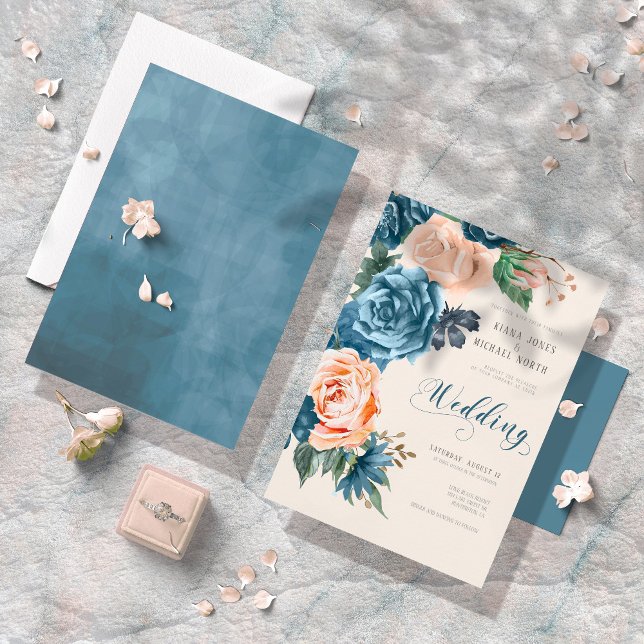 Roses Blue/Peach Wedding ID584 Invitation (Creator Uploaded)