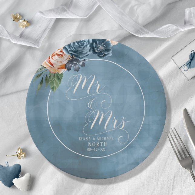 Roses Blue/Peach Wedding Mr and Mrs ID584 Paper Plate (Creator Uploaded)