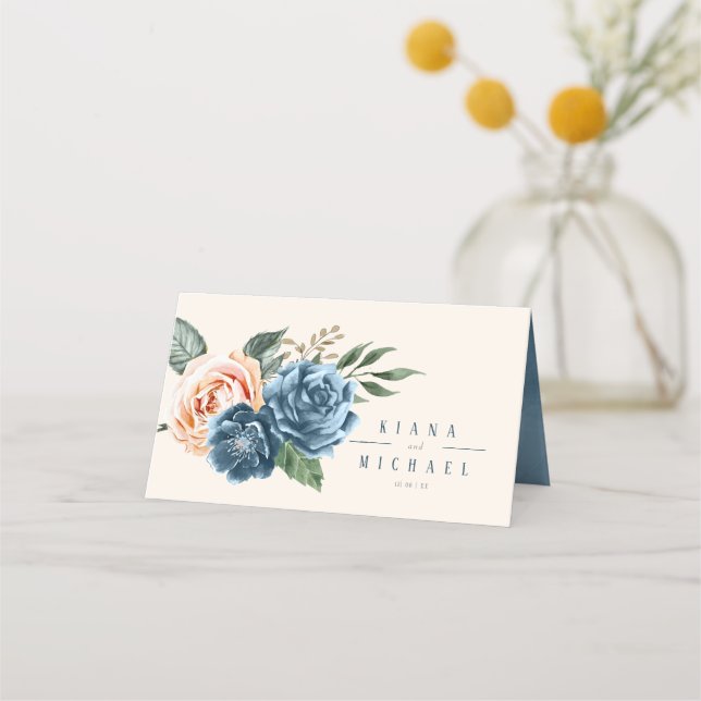 Roses Blue/Peach Wedding Table ID584 Place Card (Back)