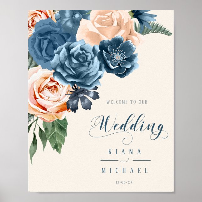 Roses Blue/Peach Wedding Welcome ID584 Poster (Front)