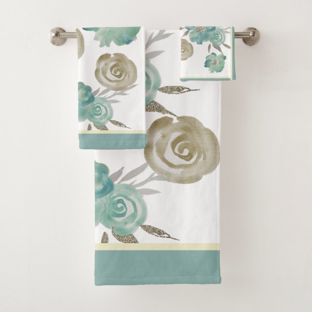 Roses Blue & Taupe on Cream Bath Towel Set (Insitu)